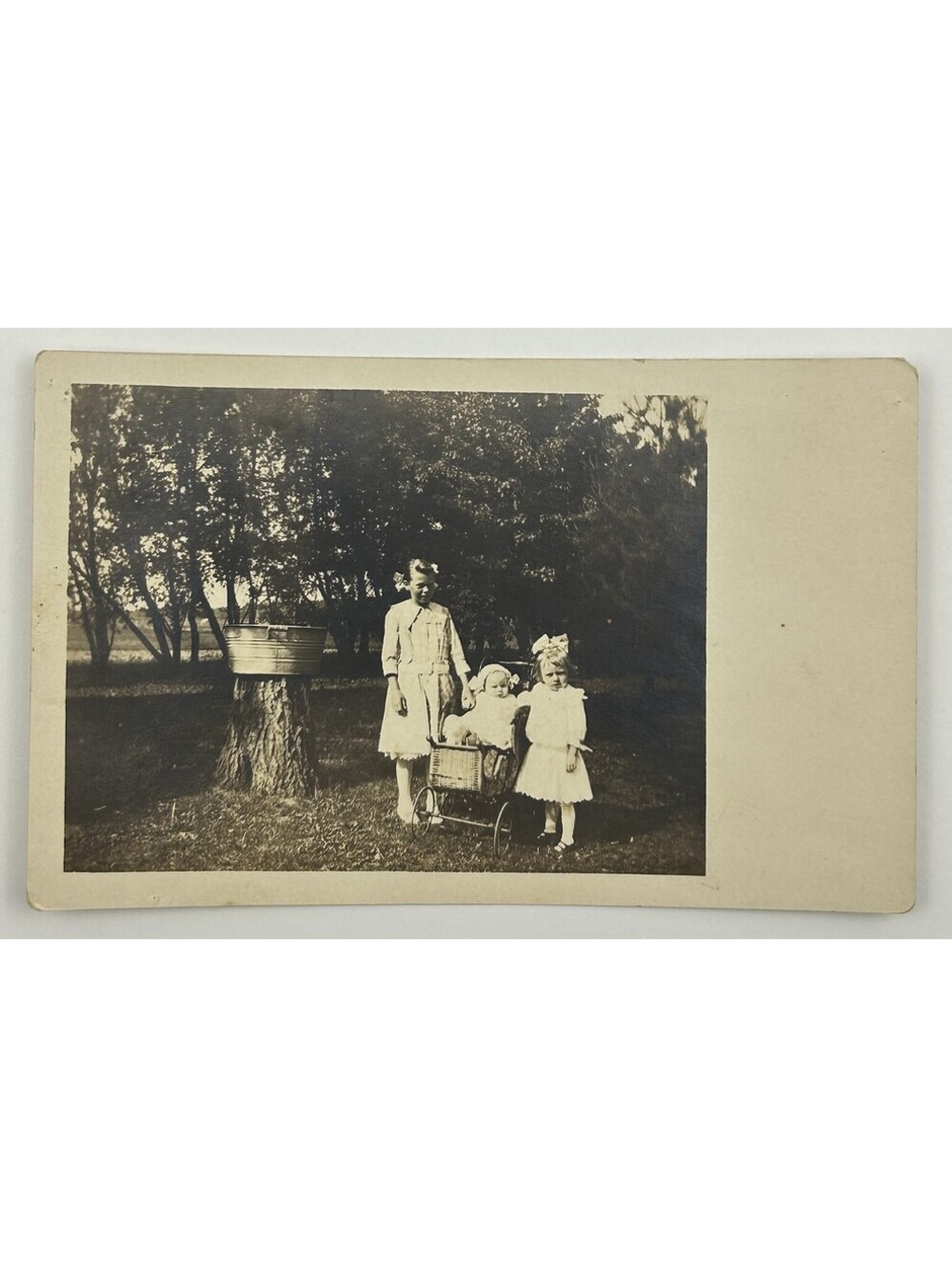 Antique RPPC Postcard Children Baby Wicker Stroller Carriage 1910s Unposted E-12